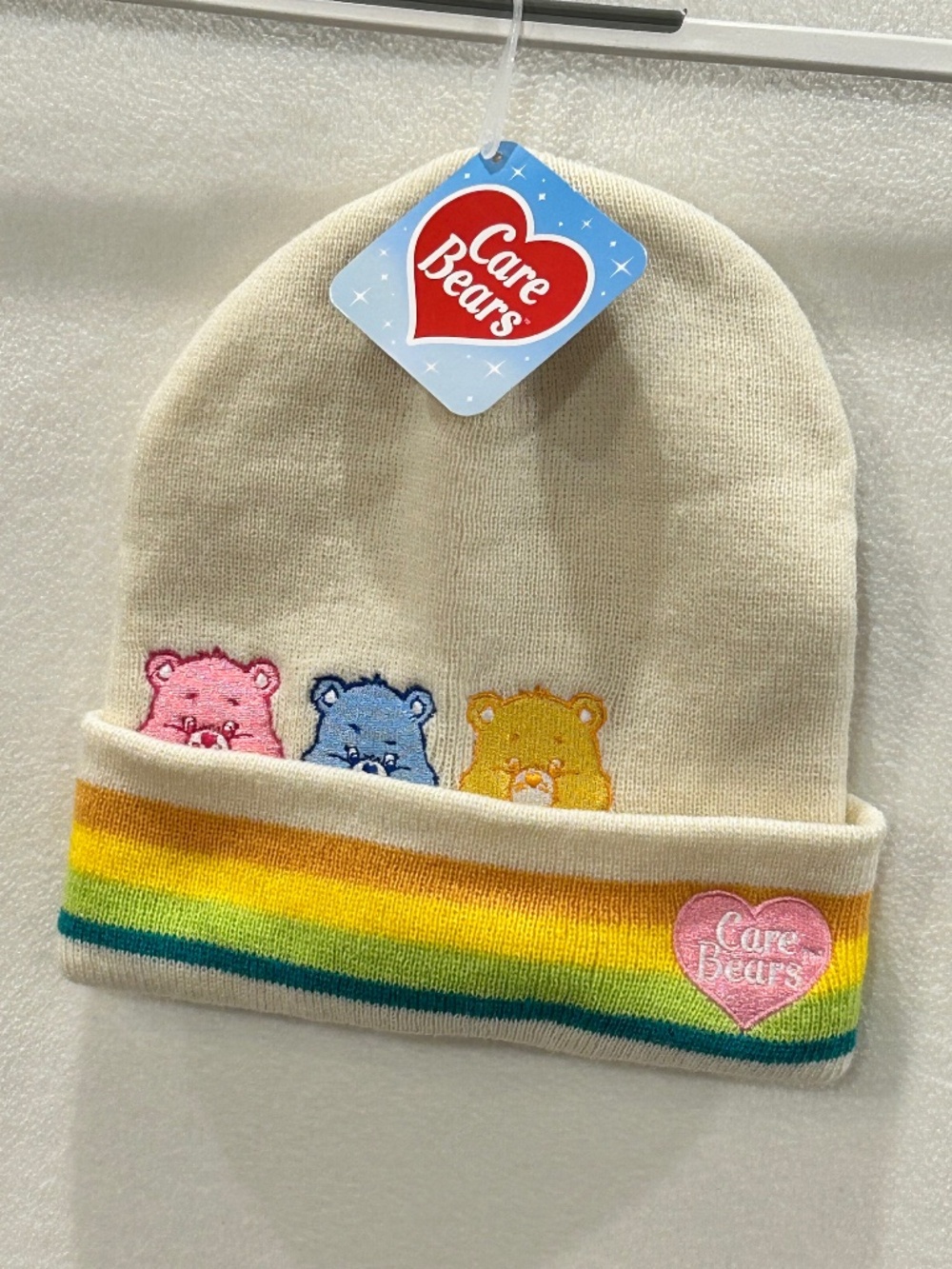 Care Bears Women’s Beige Knit Acrylic Beanie Striped Cuff Embroidered One Size